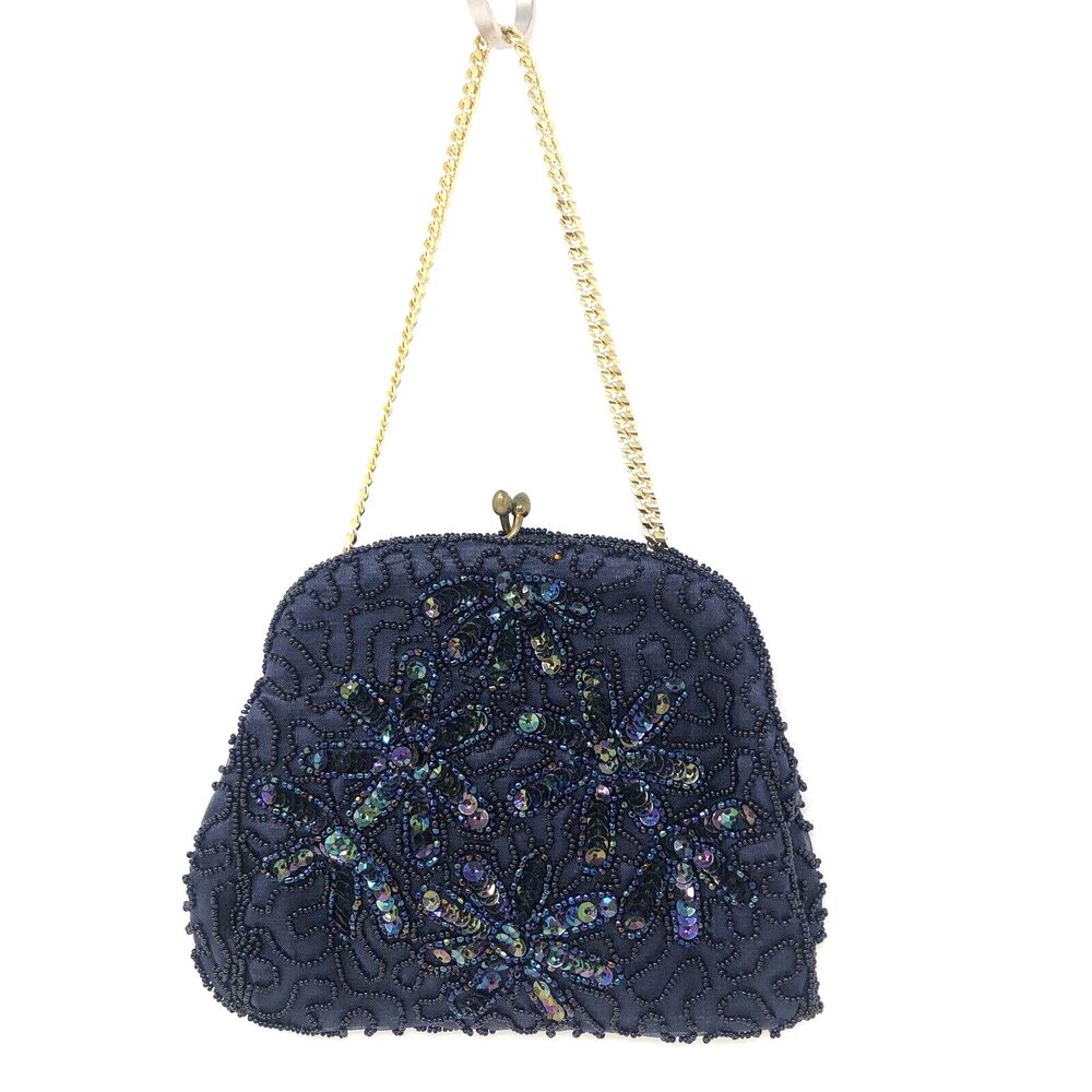 VTG Micro Beaded Black Evening Bag Sequin Floral Kislock Gold Chain Made Belgium